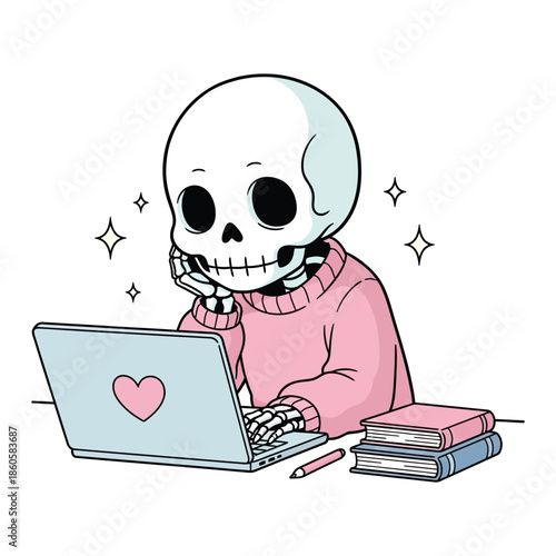 Cute Skeleton Working on Laptop Cozy Illustration