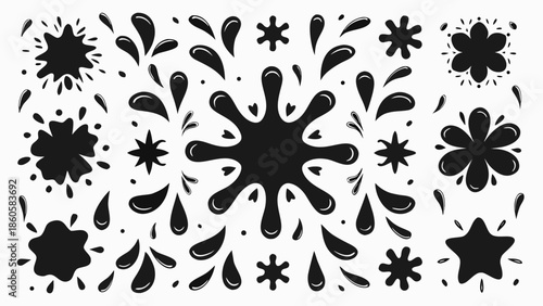 Vibrant black ink splatters and drops on white background