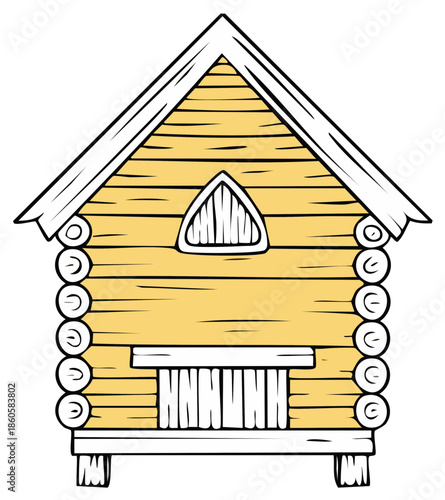 Hand drawn wooden log cabin style beehive apiary illustration