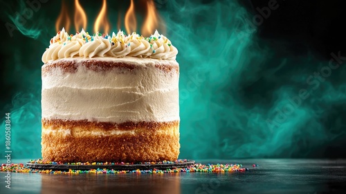 A semi-naked cake on fire with colorful sprinkles and smoke