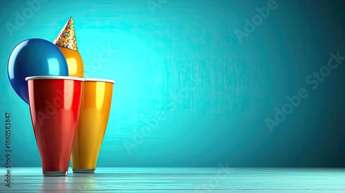 Vibrant party cups with balloons and hat on table