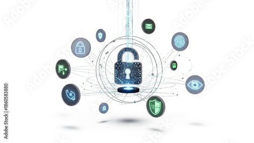 A digital illustration of a padlock surrounded by various security icons on a white background representing cyber security and data protection