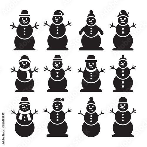 Collection Of Snowmen Silhouette Vectors For Winter Holidays Celebrations And Festive Designs 180 Characters Limited For Microstock Agencies Standart