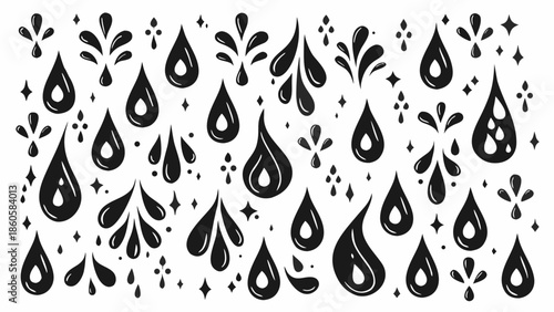 Elegant black water droplets and sparkles on white background