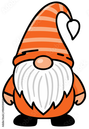 Whimsical orange gnome with a striped pointy hat and long white beard standing character illustration