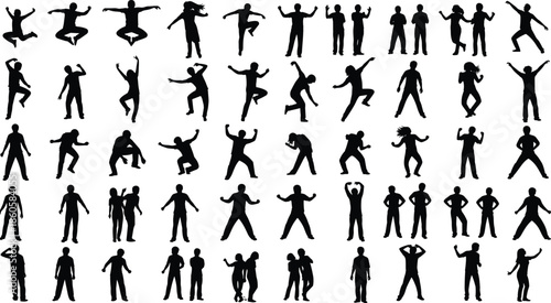 Large set of black silhouettes featuring people in active poses jumping dancing and celebrating for community and social energy design.