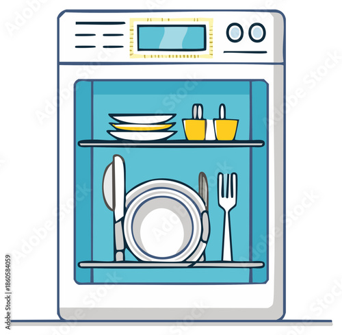 Modern household dishwasher filled with sparkling clean dishes cutlery and cups vector illustration