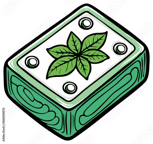 Artisanal green soap bar with a natural herbal leaf design vector icon