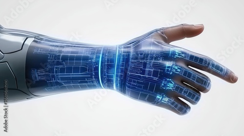 Cyborg hand with circuit board design and blue glowing lines