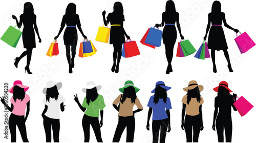 Set of fashion women silhouettes with colorful shopping bags and summer hats, retail shoppers isolated on a white background for design.