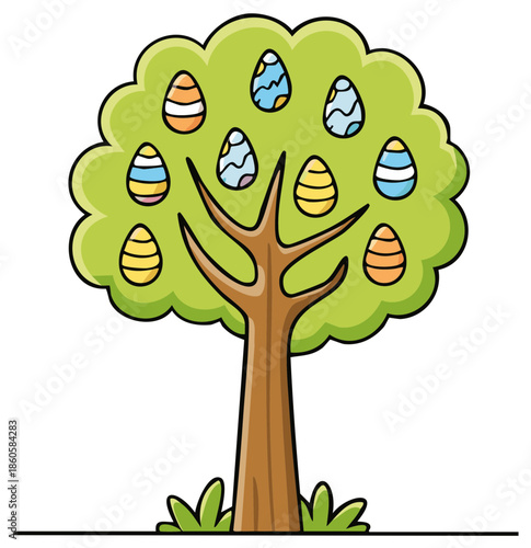 Cheerful cartoon tree adorned with colorful patterned Easter eggs celebrating spring holiday season
