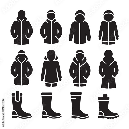 Rain wear collection with waterproof jacket rubber boots for rainy season fashion raincoat and footwear vector design at transparent background