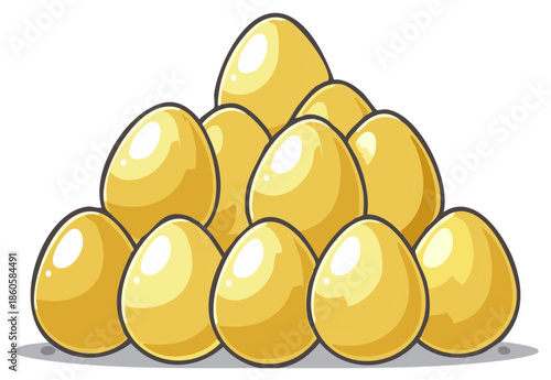 Pile of cartoon golden eggs are grouped together in pyramid structure representing wealth and opportunity