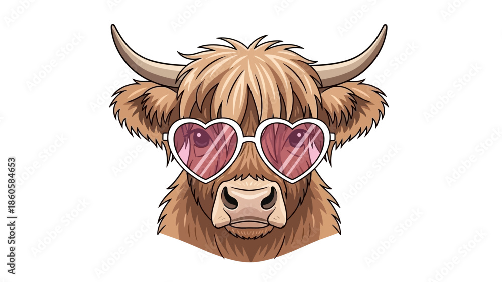 Naklejka premium Cute highland cow wearing trendy heart shaped sunglasses