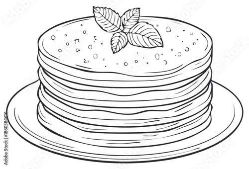 Stack of pancakes with fresh mint leaves on a plate