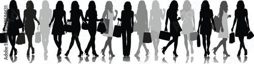 Silhouette of a large group of fashionable women carrying shopping bags, retail consumerism concept, diverse shoppers walking during seasonal sales.