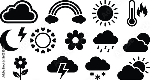 Weather and nature icons illustration set with sun cloud rain snow rainbow temperature symbols isolated white background black vector