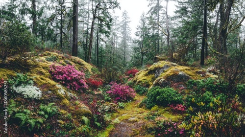 Woodland path winds through mossy terrain with colorful flowering bushes.