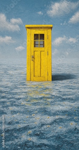 Yellow outhouse stands isolated in a vast, abstract sea under a cloudy sky.