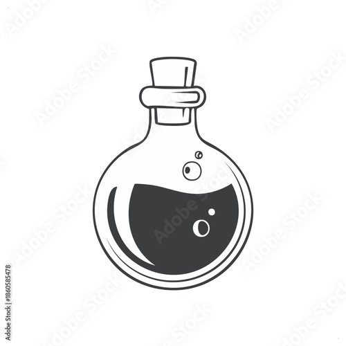 Round Glass Flask Bottle with Dark Liquid and Cork Stopper Chemical Potion Illustration
