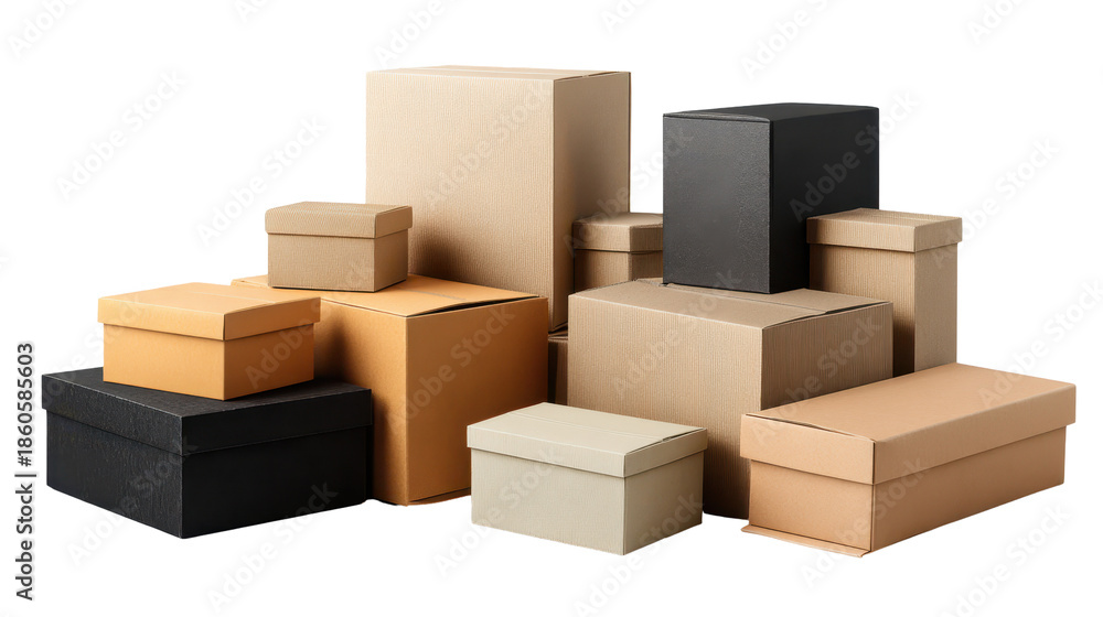 Fototapeta premium Collection of various cardboard boxes arranged in different sizes and shapes on a light background
