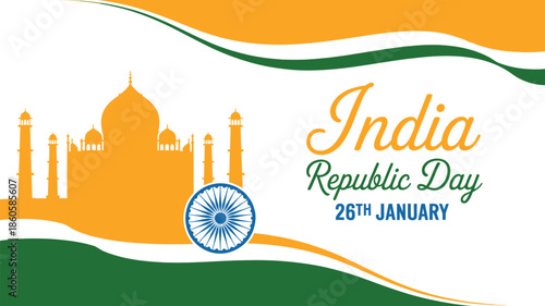 India republic day 26th january celebration banner with tricolor wave ashoka chakra and monument silhouette, patriotic national holiday design