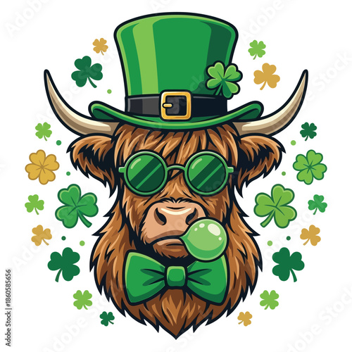 St Patrick’s Day Highland Cow with Shamrocks Illustration