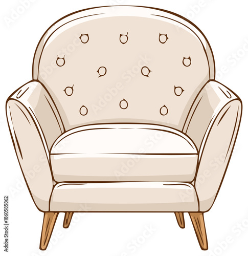 Illustration of an upholstered armchair with curved back and arms with tufted decoration and wooden legs