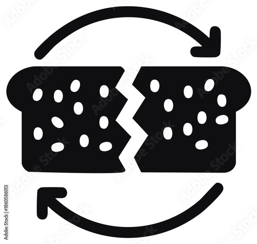 Simple Icon of Broken Bread Slice with Arrows Symbolizing Division and Connection Cycle