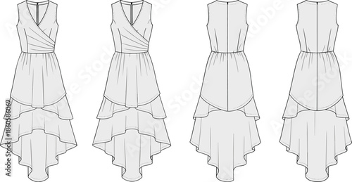 Elegant sleeveless layered high-low dress fashion technical flat, CAD sketch vector illustration for garment design, pattern making, clothing template