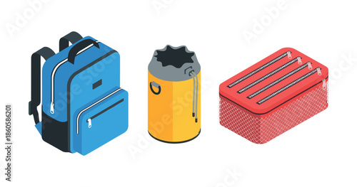 Colorful isometric backpack, water bottle, and lunchbox on white background