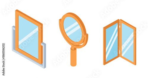 Various types of mirrors: wall, handheld, folding designs in orange frames