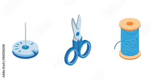 Sewing tools: needle, scissors, and thread spool on white background