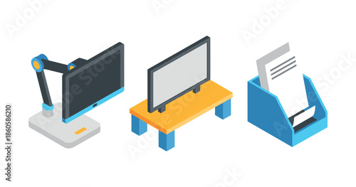 Isometric digital devices: monitor, tv, document holder in 3d style