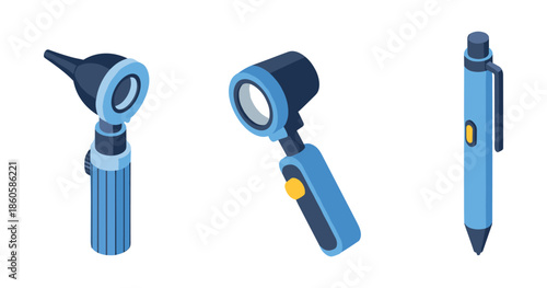 Medical tools: otoscope, dermatoscope, and pen in blue design
