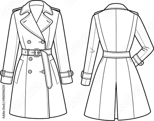 Elegant trench coat technical sketch, fashion flat vector, black and white apparel drawing, stylish outerwear design, detailed coat illustration