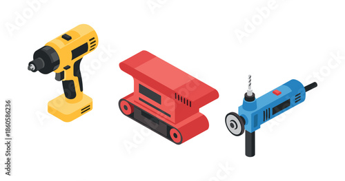 Isometric power tools: yellow drill, red sander, blue grinder on white background