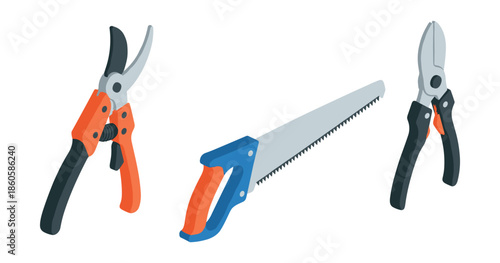 Gardening tools: pruning shears, handsaw, and loppers for outdoor maintenance