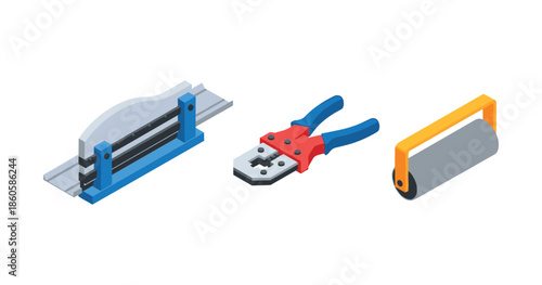 Isometric tools: sheet bender, wire stripper, hand roller for metalworking