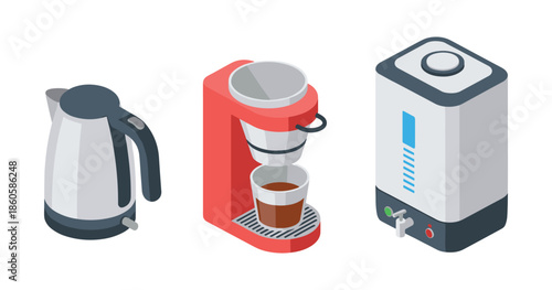 Isometric coffee maker set with kettle and water dispenser in modern design