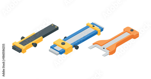 Isometric illustration of three calipers in various styles and colors on white background