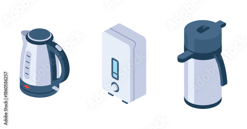 Set of kitchen appliances: electric kettle, water heater, thermal flask