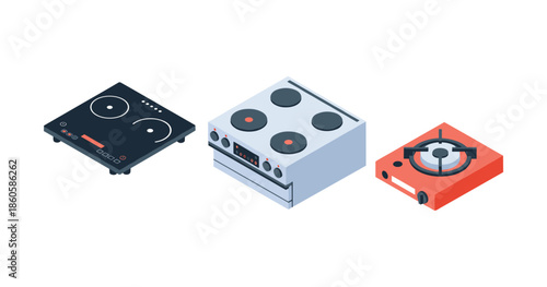 Isometric illustration of three modern kitchen stoves: electric, gas, portable
