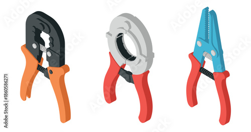 Set of three colorful pliers with different designs and handles
