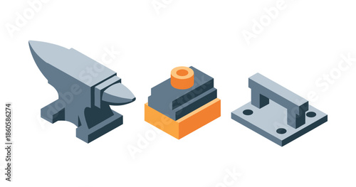 Isometric anvil, industrial machines, and metal plate components on white background