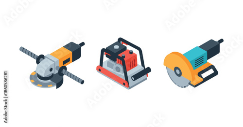 Set of three power tools: grinder, chainsaw, circular saw isometric icons
