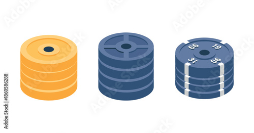 Colorful stack of weight plates: yellow, blue, and numbered design on white background