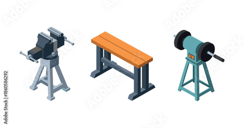 Industrial tools collection: bench grinder, workbench, and vise clamp