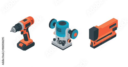 Collection of isometric power tools: drill, router, stapler on white background