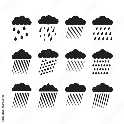 Weather elements collection with clouds and rain designs from light showers to heavy rainfall with climate conditions and weather forecast at transparent